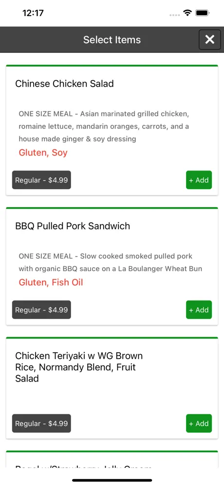 SchoolBitez app menu selection with item descriptions, allergen info, and easy add-to-cart