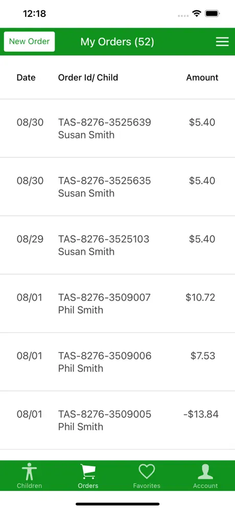 SchoolBitez app order history showing past orders with dates and amounts
