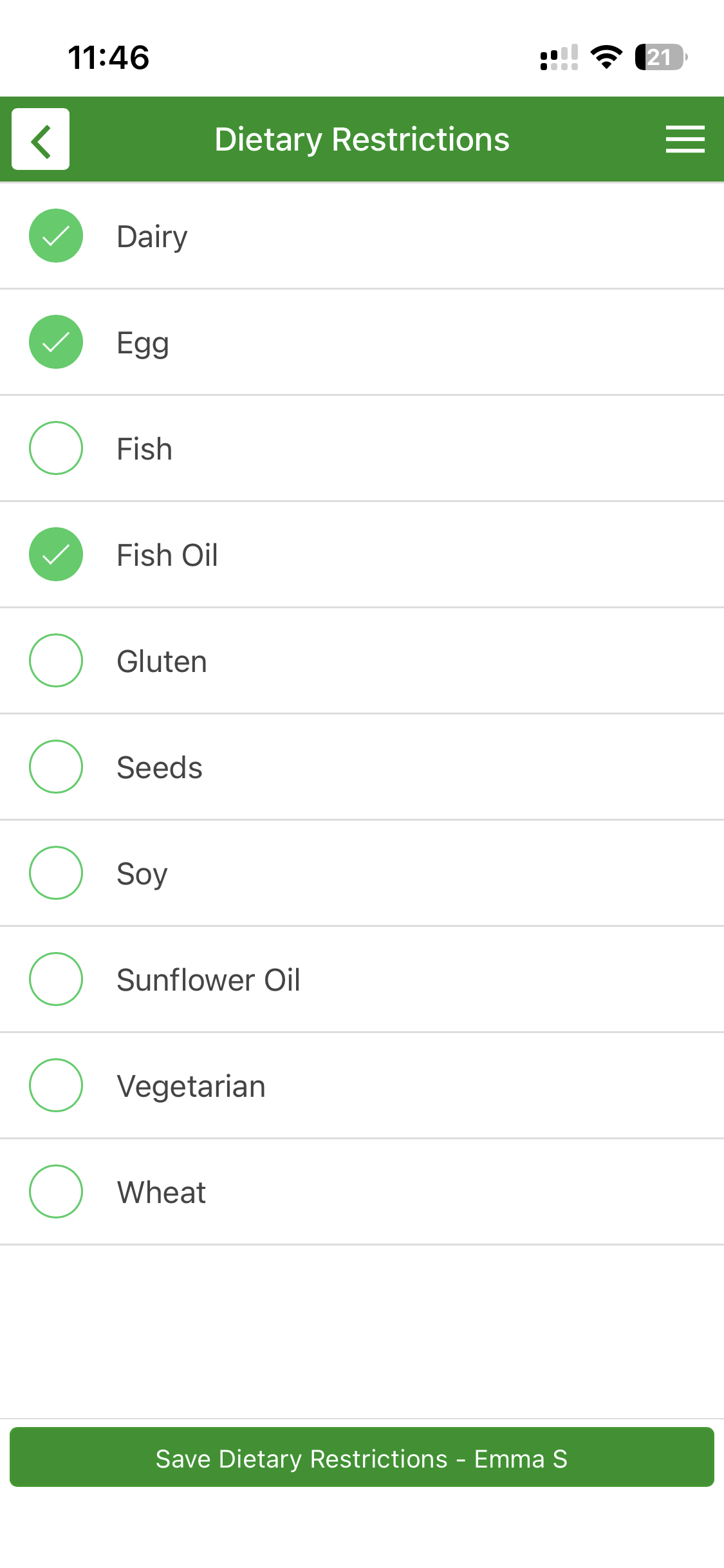 SchoolBitez app dietary restrictions screen for managing child food allergies