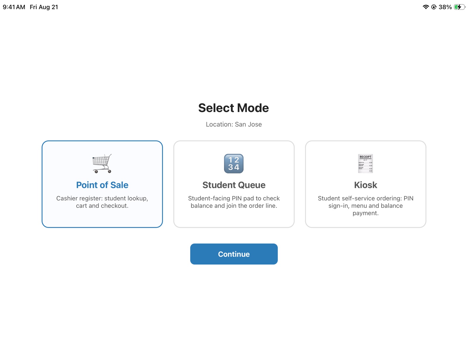 SchoolBitez POS mode picker with Point of Sale, Student Queue and Kiosk